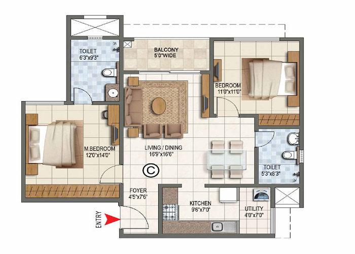 Prestige Greenmoor 3 BHK Floor Plan