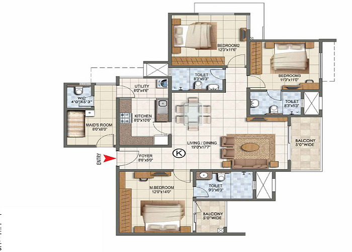 Prestige Greenmoor 3 BHK Floor Plan